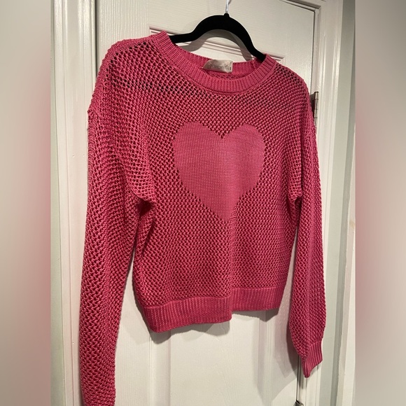 NWT No Boundaries Size XS Pink Mesh Long Sleeve Crew Neck Pullover Heart Sweater - Picture 4 of 12
